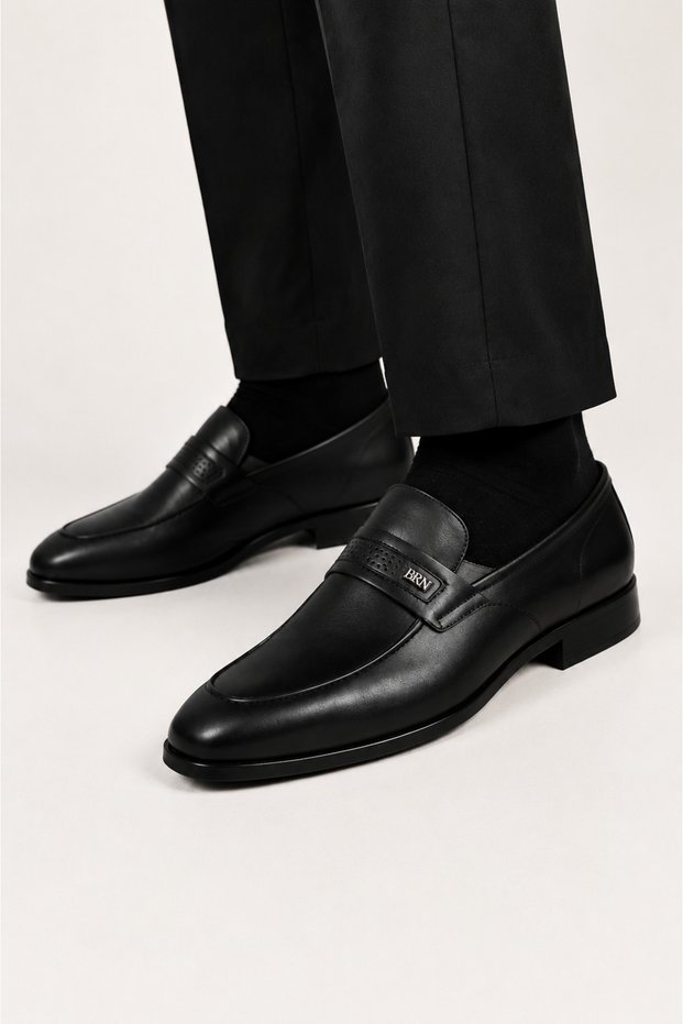 Men's Non-Slip Rubber Sole Pointed Toe Fancy Genuine Leather Shoes Black