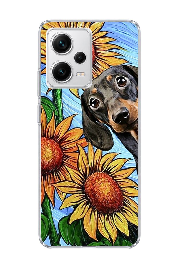 Redmi Note 12 Pro 5g Compatible Sausage Dog Sunflower Printed Transparent Phone Case