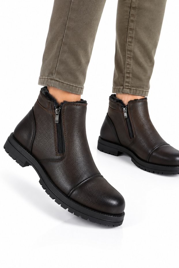 Men's Fur Lined Boots with Side Zipper and Non-Slip Sole Brown