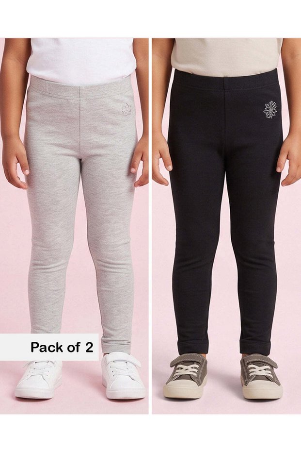Girls Grey And Black Embellished Skinny Fit Leggings (2 Piece)