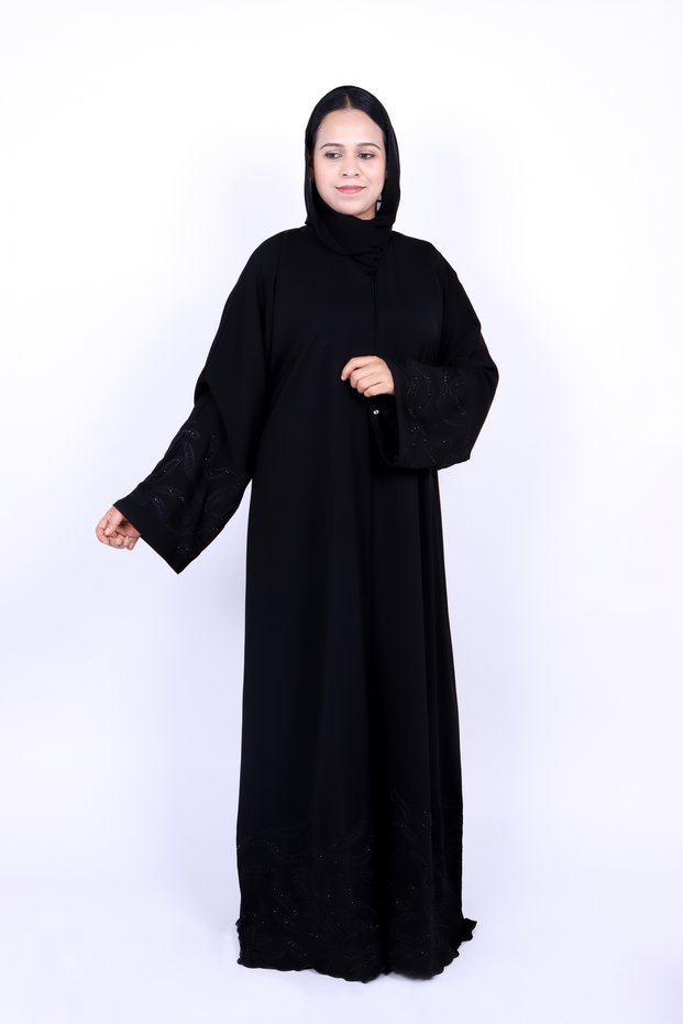 Women's Black Front-Open Nida Abaya with Beaded Wave Embroidery