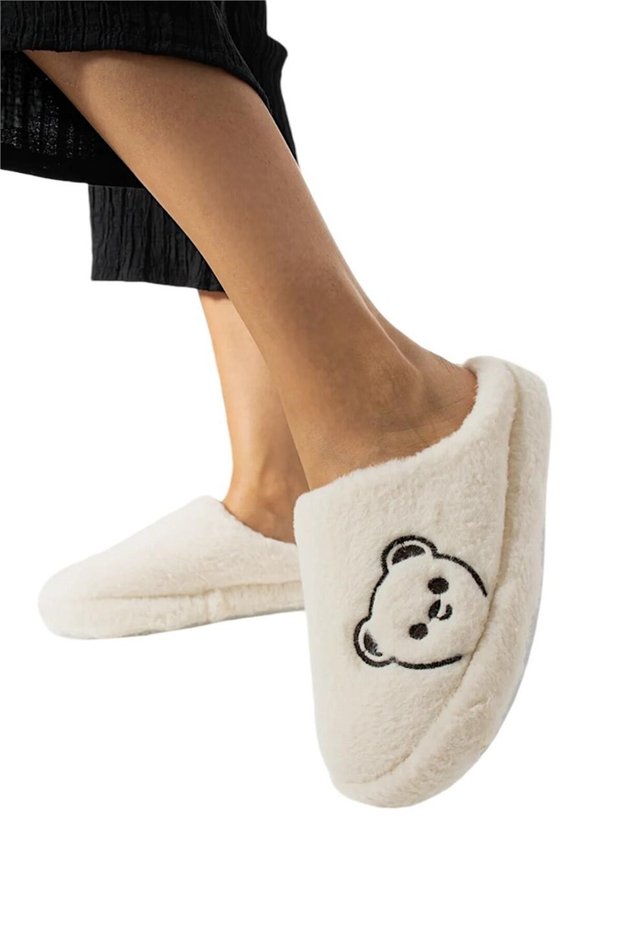 Women's Warm Plush House Slippers with Teddy Bear Figure White