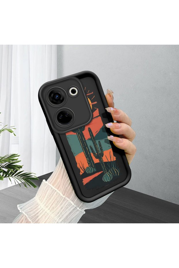 Tecno Camon 20 Pro 4g (Ck7N) Compatible Black Silicone Camera Protected Shock-Absorbing Protective Case with Cactus Pattern