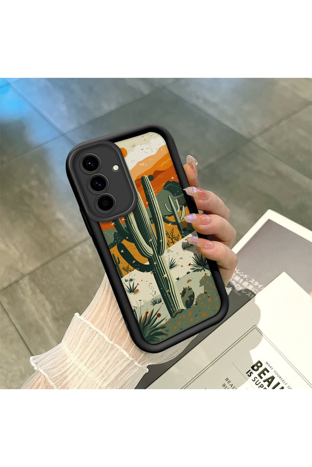 Samsung Galaxy A56 Compatible Black Silicone Camera Protected Shock Absorbing Protective Case with Cactus Pattern