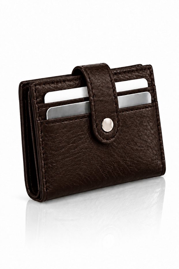 Women's Black Textured Leather Card Holder Wallet with 10 Card Compartments and Snap Closure Compact Design