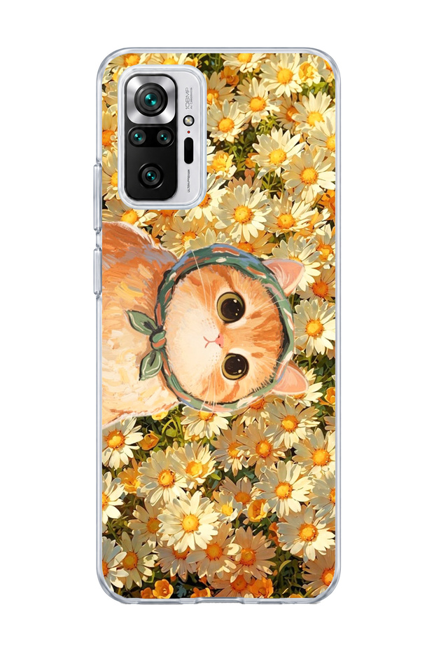 Redmi Note 10 Pro 4g Compatible Orange Cat Daisy Printed Transparent Phone Case with Scarf