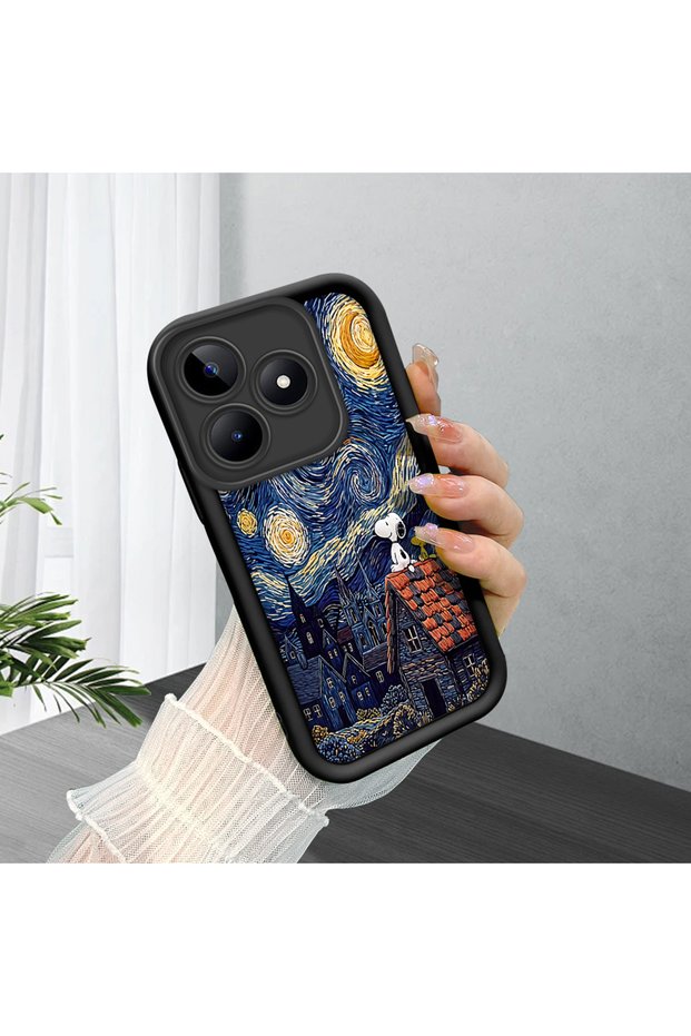 Realme Note 50 Compatible Black Silicone Camera Protected Shock Absorbing Protective Case Starry Oily Snoopy