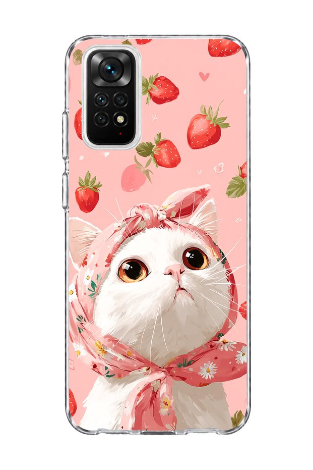 Redmi Note 11 / 11S Compatible White Cat Strawberry Printed Transparent Phone Case with Scarf