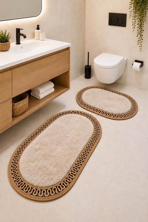 Handmade Bohemian Bath Mat Set of 2 Plush Non-Slip Gel Base 40X60 cm and 60X100 cm