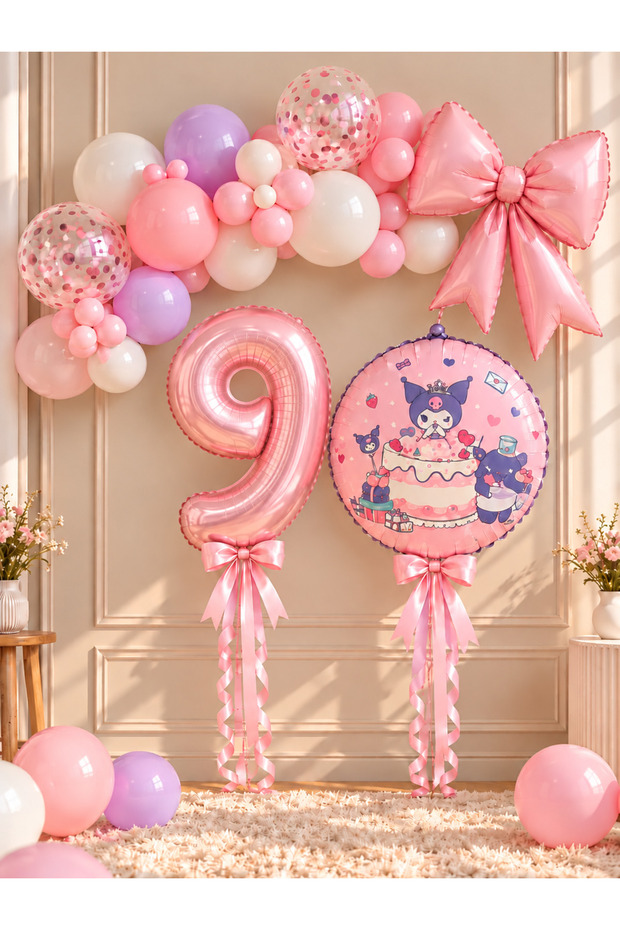 Party 9 Year Old Kuromi Themed Birthday Balloon Set with Bow Foil Balloon Pink Purple Party Decoration Set with Number Options for 1-9 Years Old