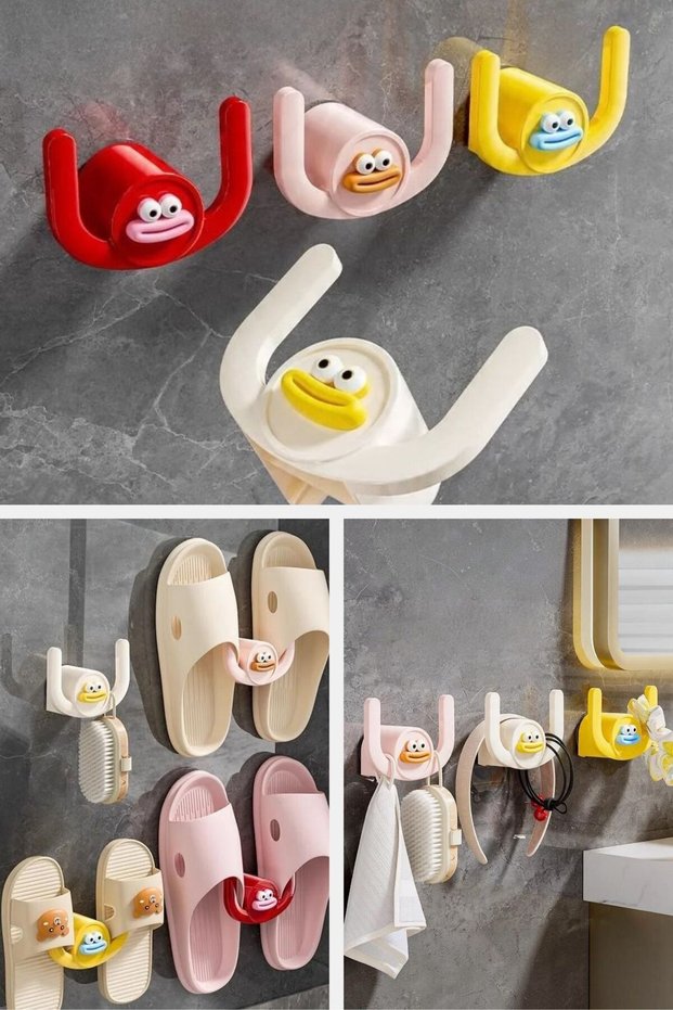 Cute Figured Adhesive Slipper and Towel Hanger Drying Rack Wall Mounted Slipper Holder Bathroom Organizer
