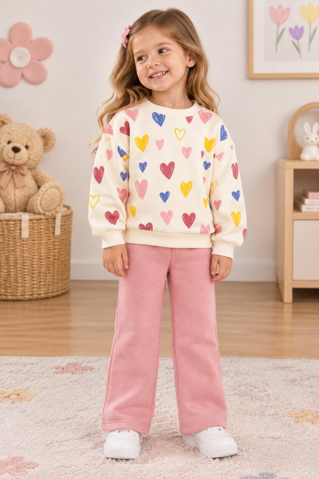 Girl's Three-Threaded Colorful Heart Patterned Sweatshirt and Sweatpants 2-Piece Set