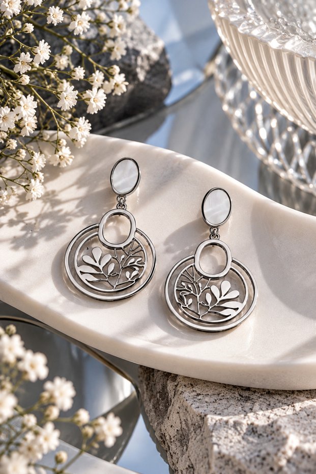 Leaf Motif Round Shape Dangle Steel Earrings (Silver Color)