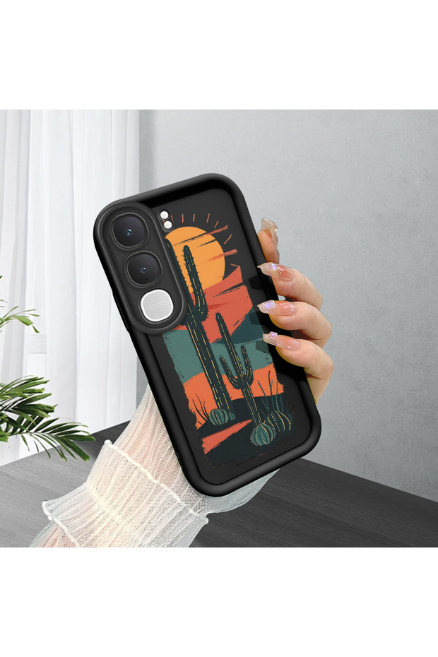 Vivo Y31/Y21D Compatible Black Silicone Camera Protected Shock-Absorbing Protective Case with Cactus Pattern