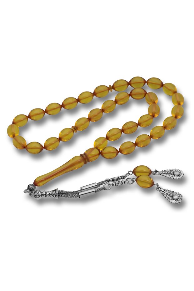 Honey Yellow Crimped Amber Prayer Beads with Metal Tassels