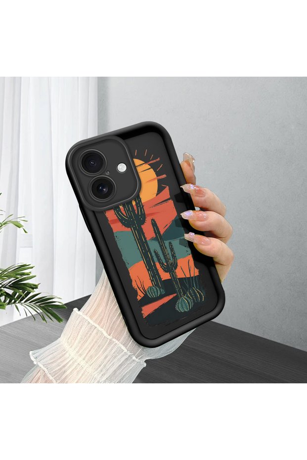 iPhone 16 Compatible Black Silicone Camera Protected Shock Absorbing Protective Case with Cactus Pattern