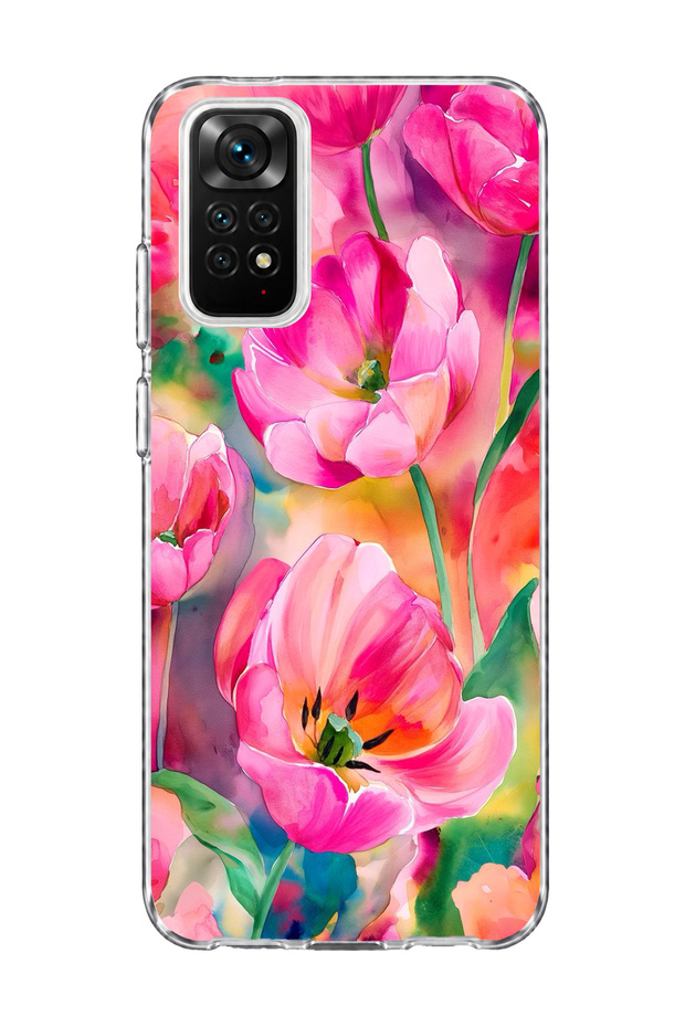 Redmi Note 11 / 11S Compatible Pink Tulip Printed Transparent Phone Case