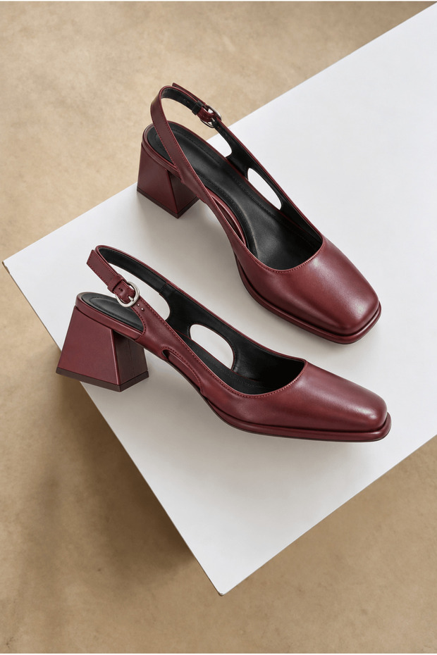 Square Toe Open Back Leather Thick Heeled Shoes - Burgundy (Ös)