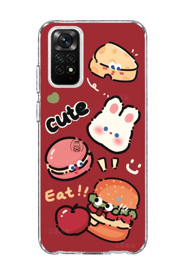 Redmi Note 11 / 11S Compatible Cute Rabbit Claret Red Printed Transparent Phone Case