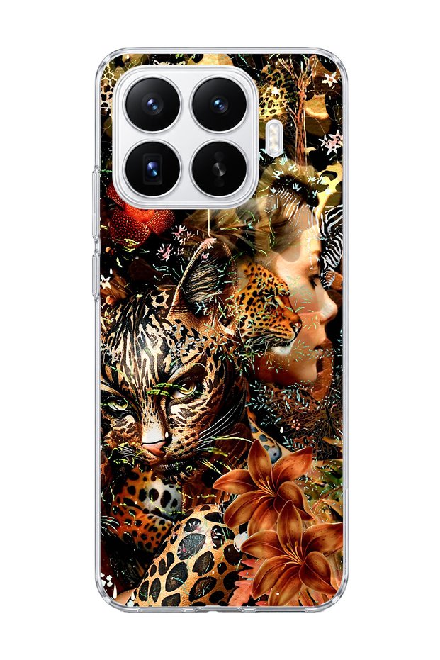 Mi 17t Compatible Leopard Gold Collage Printed Transparent Phone Case