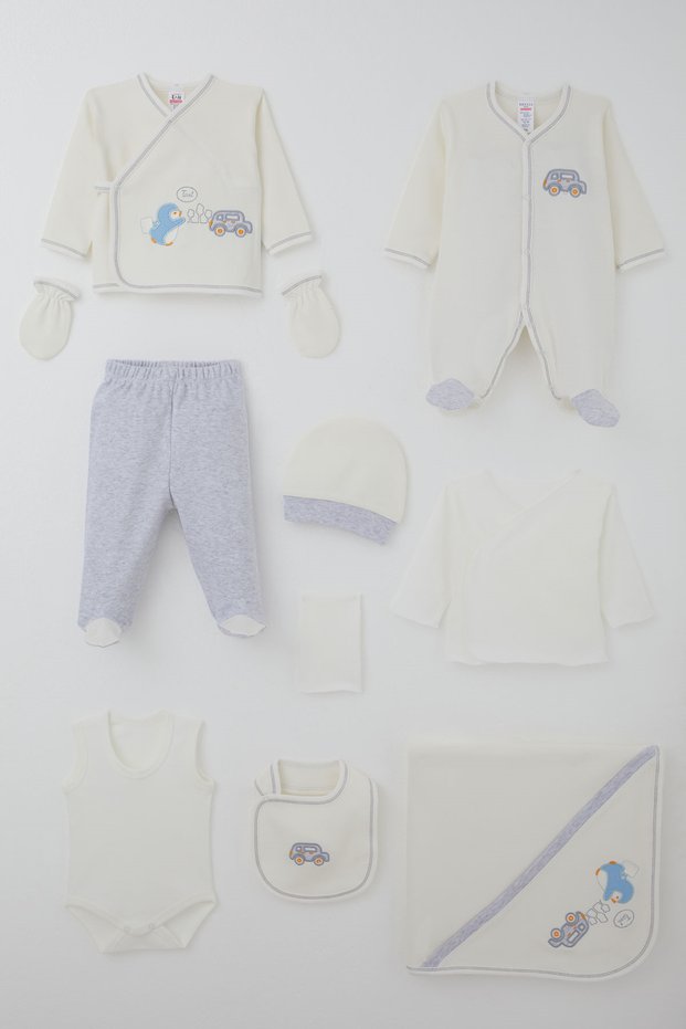 Baby Boy Hospital Release 10-Piece Cute Penguin Car Embroidery Set 0-3 Months, Ecru