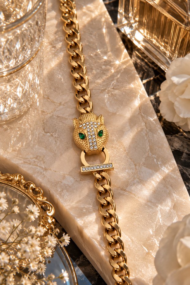 Leopard Figured Green Stone Steel Chain Bracelet (Gold Color)