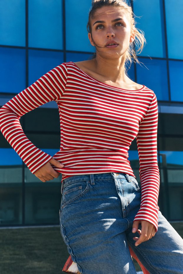 Women's Red Ecru Striped Boat Neck Slim Knitwear Long Sleeve Blouse