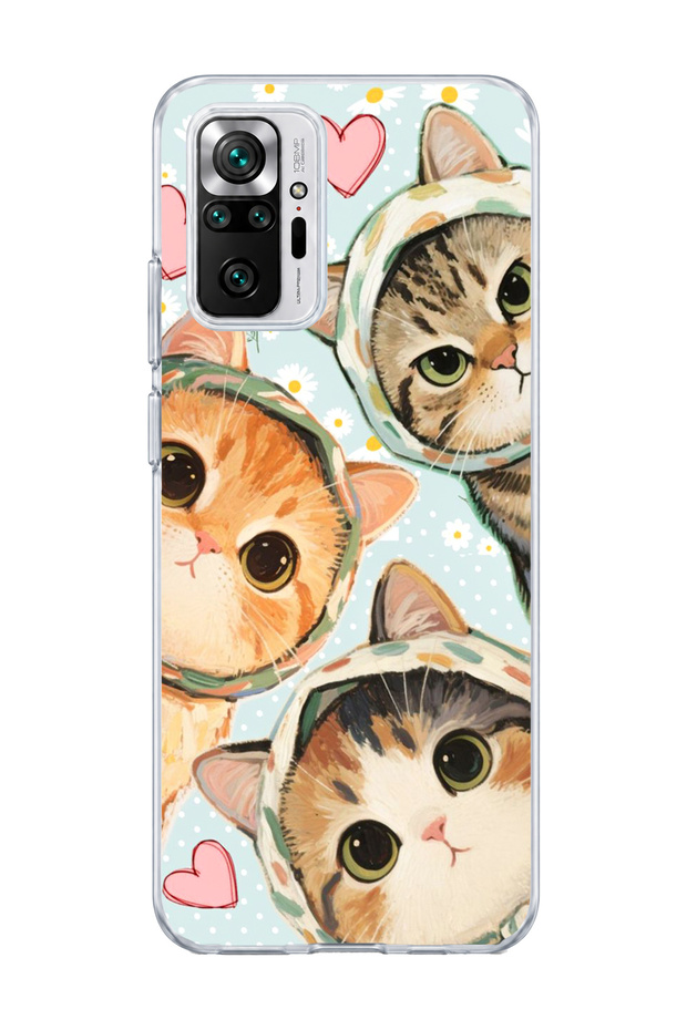 Redmi Note 10 Pro 4g Compatible Three Cats Heart Printed Transparent Phone Case with Scarf