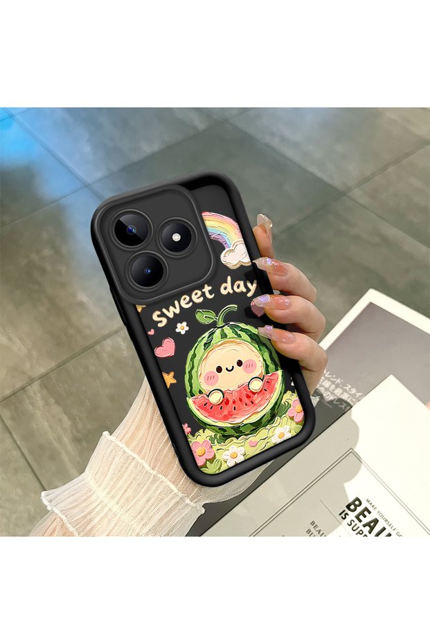 حافظة حماية ممتصة للصدمات من السيليكون الأسود المتوافق مع هاتف Realme Note 50، مزودة بنمط البطيخ وقوس قزح