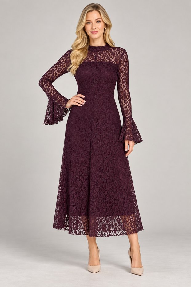 Ruffled Sleeves Lace Midi Dress