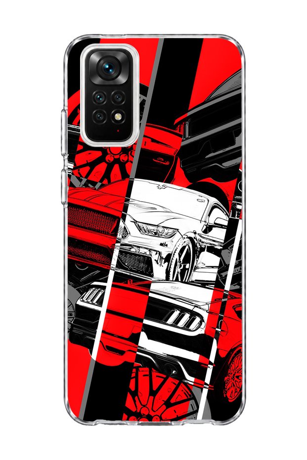 Redmi Note 11 / 11S Compatible Red Black Car Collage Printed Transparent Phone Case