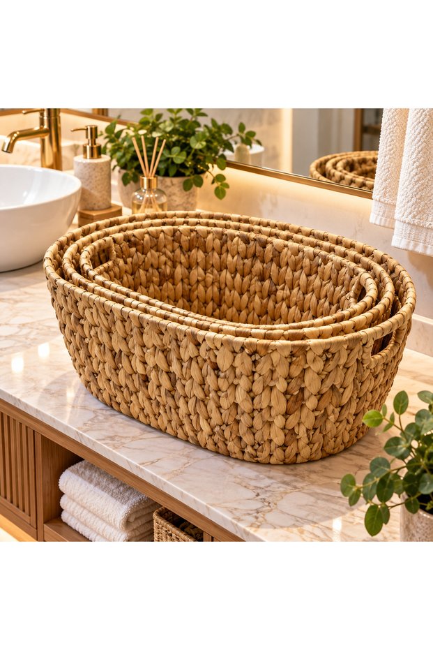 Oval 3 Mega Size Handmade Knitted Deep Wicker Basket Set with Handles Multi-Purpose Organizer