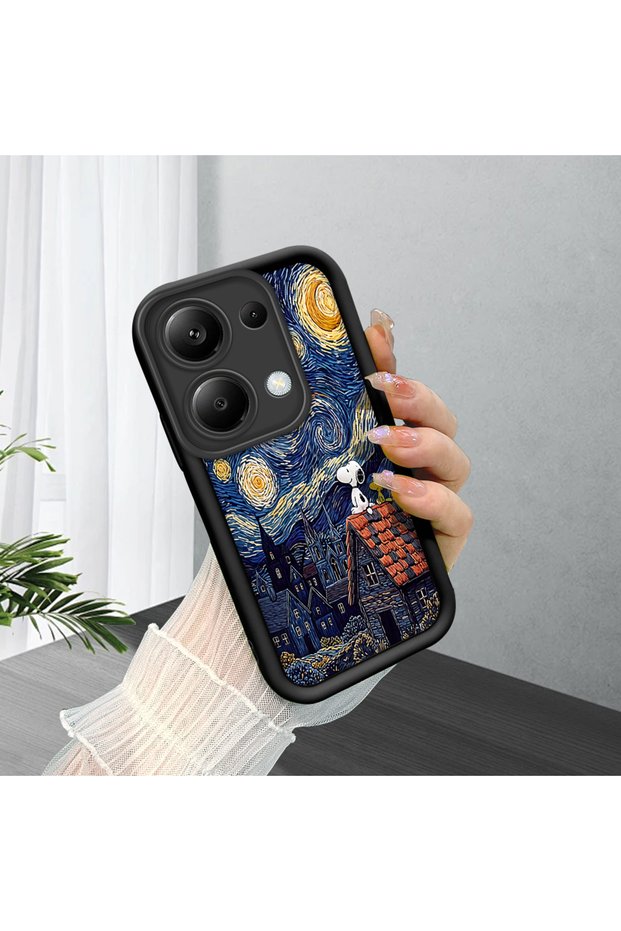 Redmi Note 14S Compatible Black Silicone Camera Protected Shock Absorbing Protective Case Starry Oily Snoopy