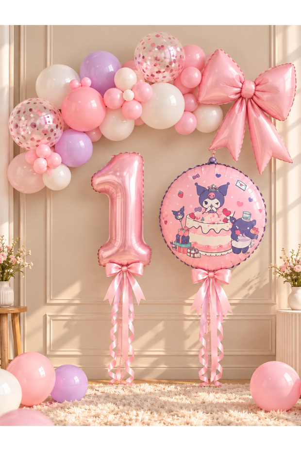 Party 1 Year Old Kuromi Themed Birthday Balloon Set with Bow Foil Balloons Pink Purple Party Decoration Set with Number Options for Ages 1-9