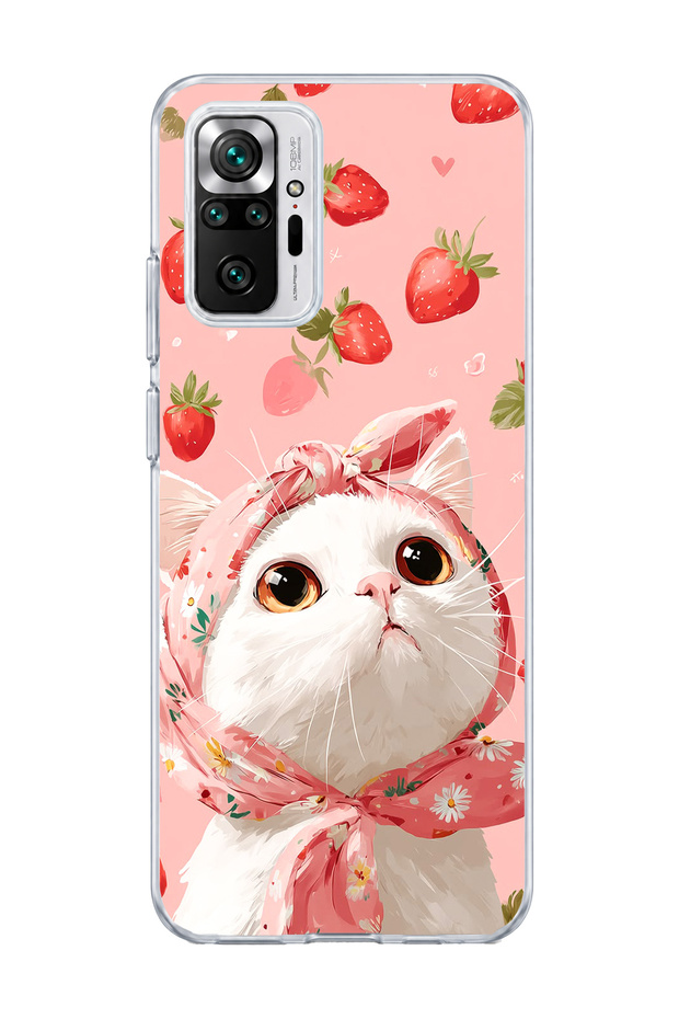 Redmi Note 10 Pro 4g Compatible White Cat Strawberry Printed Transparent Phone Case with Scarf