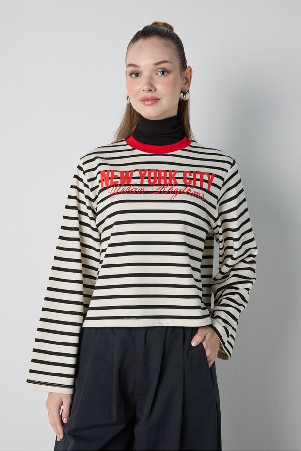 Women's Black Crop Wide Sleeve Oversize Printed Striped Sweatshirt 32078