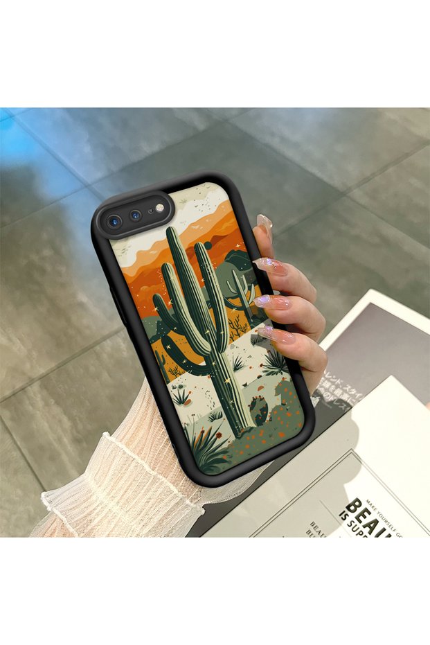 iPhone 7 Plus/8 Plus Compatible Black Silicone Camera Protected Shock Absorbing Protective Case with Cactus Pattern