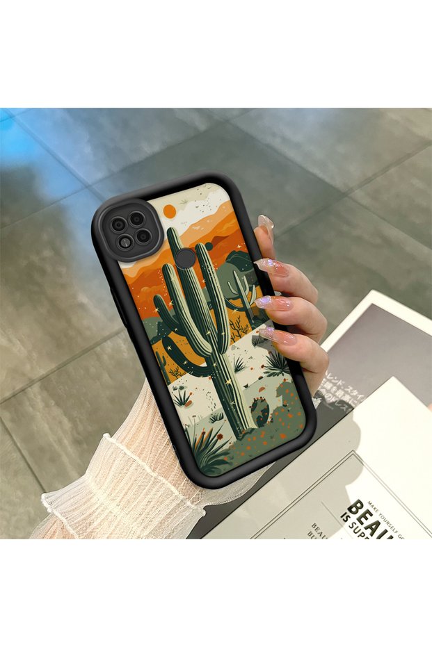 Poco C31 Compatible Black Silicone Camera Protected Shock Absorbing Protective Case with Cactus Pattern