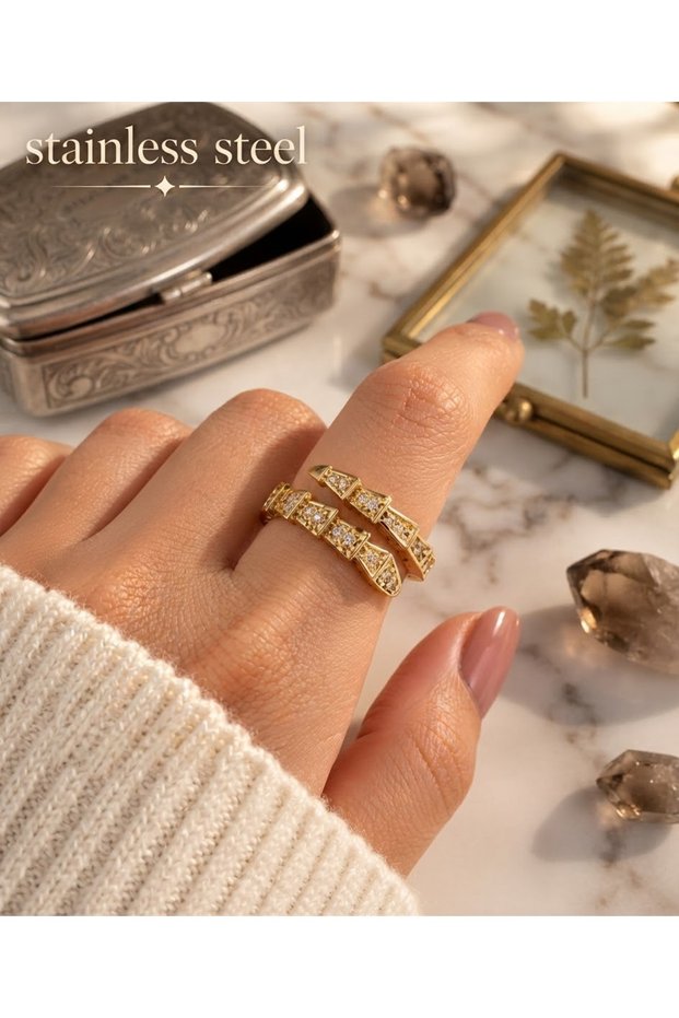 Gold Color Zircon Stone Snake Design Adjustable Steel Ring