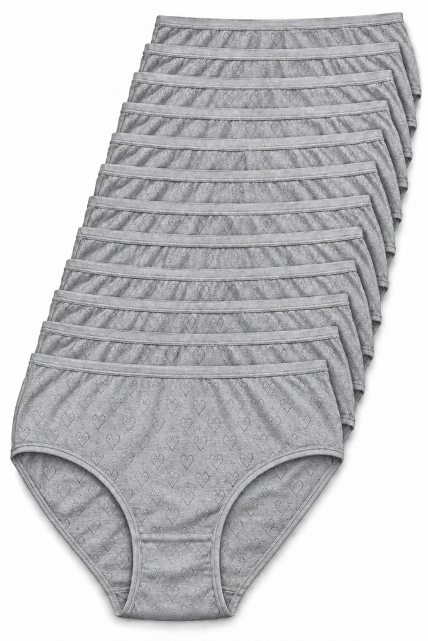 Women's 12-Pack Gray Color 100% Pure Cotton Heart Jacquard High Waist Bato Panties