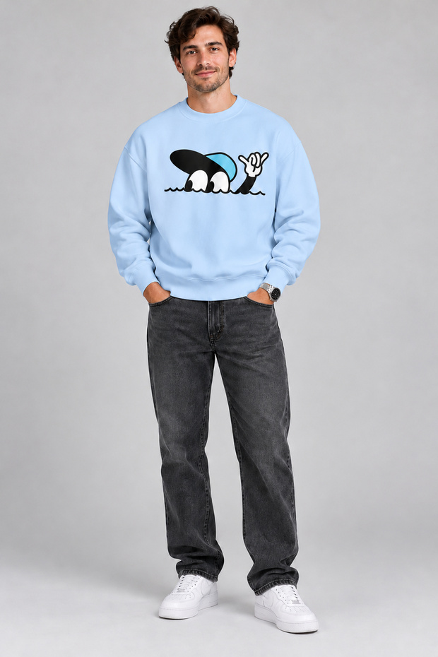 Blue Hat Fun Character Printed Men's Oversize Sweatshirt – Crew Neck Casual Sweatshirt