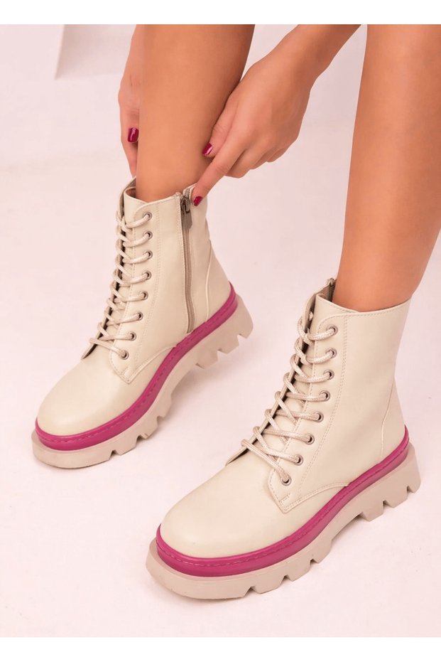 Genuine Leather Lace-Up Leather Boots with Stripe Detail - Stone & Pink