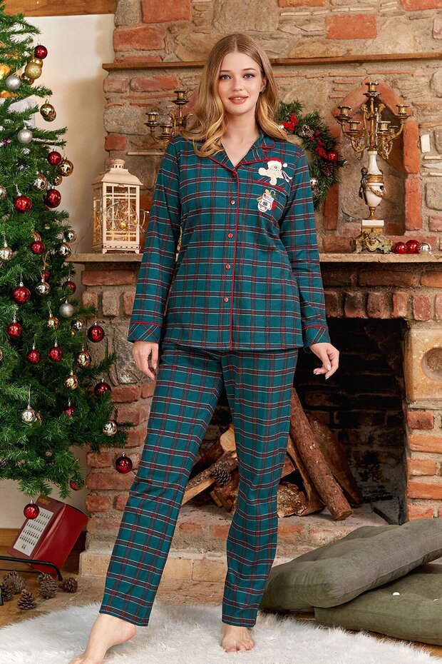 Plaid Patterned New Year Pajama Set with Print Detail Cossy by Aqua 24049