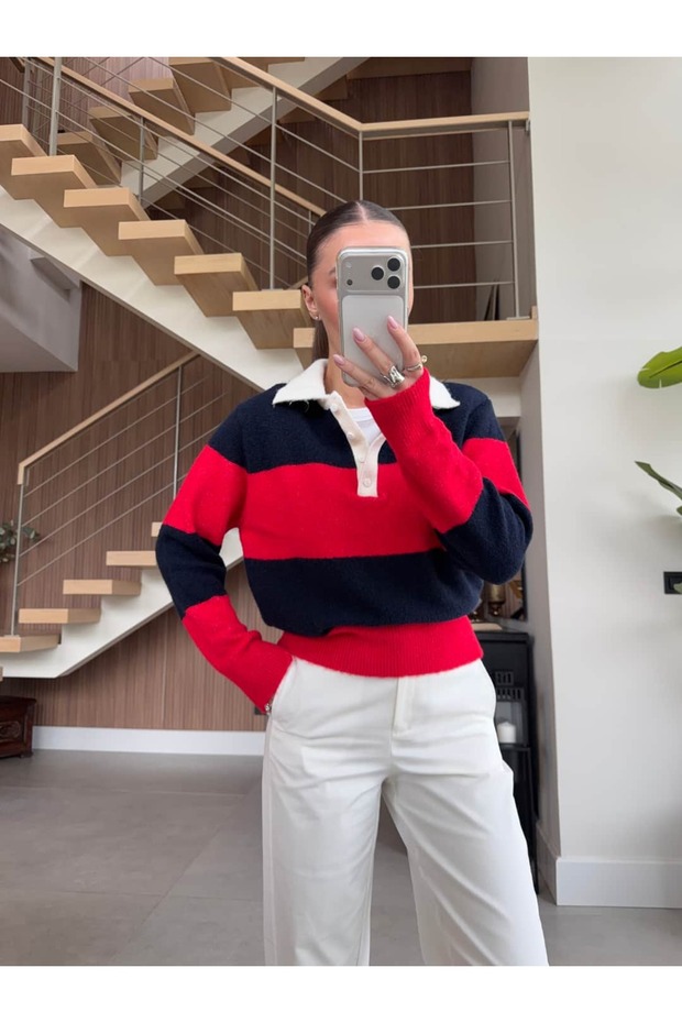 Wool Textured Striped Tricot with Polo Collar and Vatkali Detail