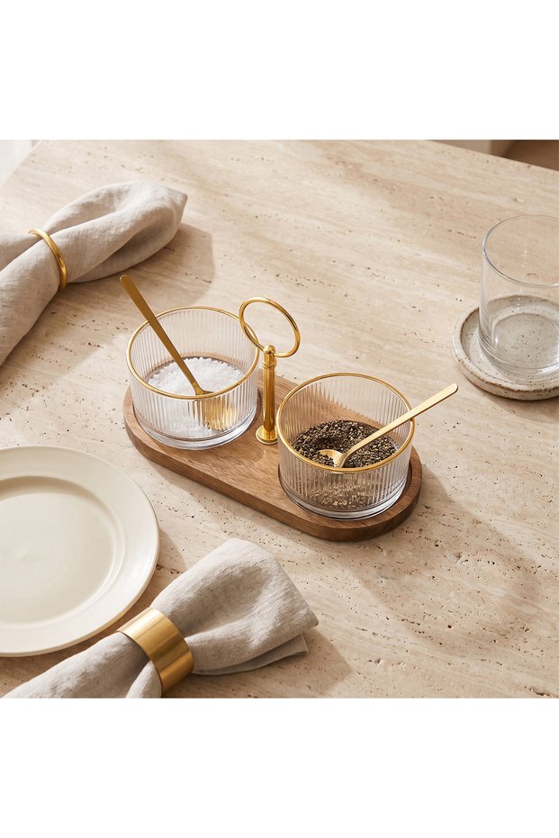 Ruwa 2-Piece Striped Glass Bowl Set with Spoon and Acacia Wooden Tray