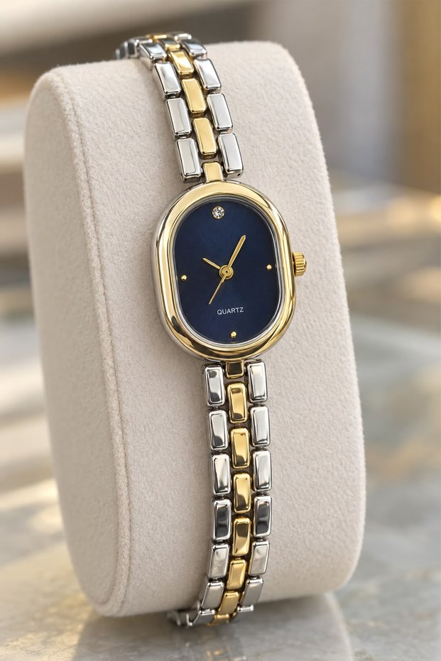 Oval-Case Two-Tone Metal Strap Women's Wristwatch – Navy Blue Dial with Stone Embellishments, Minimalist Design