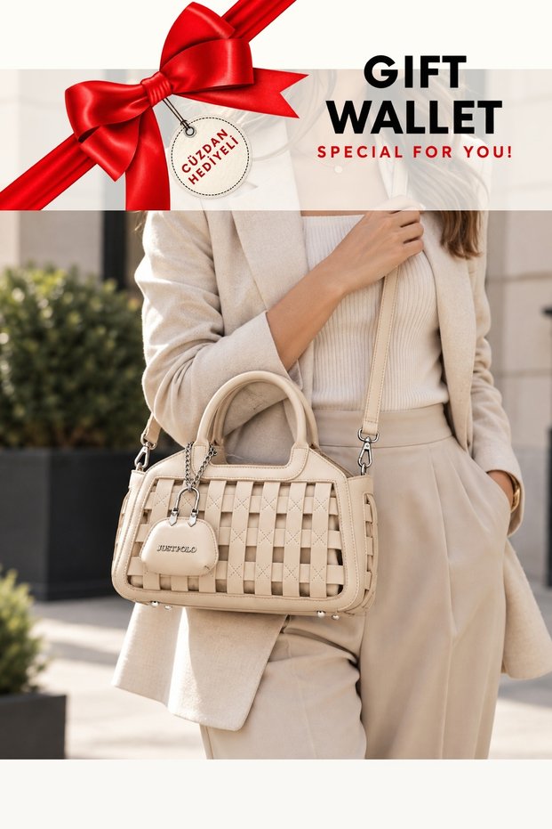 Cream Wallet Women's Organ Patterned Hand and Shoulder Bag with Cross Strap Premium Design Lux Segment