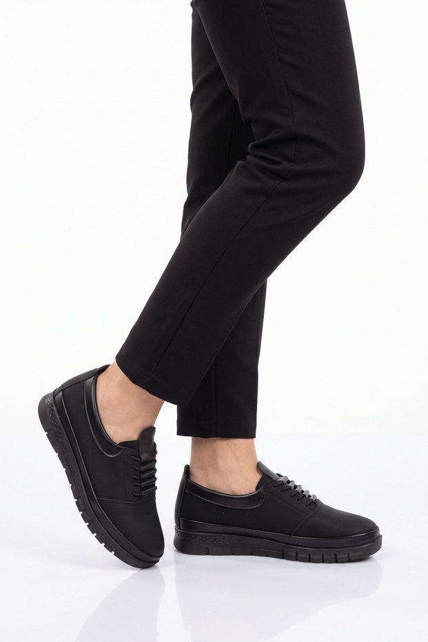 Black Rubber Laced Comfortable Sole Women's Casual Shoes
