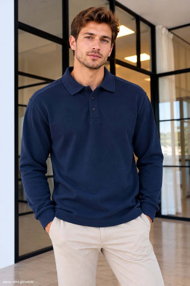 Men's Polo Collar Pique Long Sleeve Sweatshirt 4014