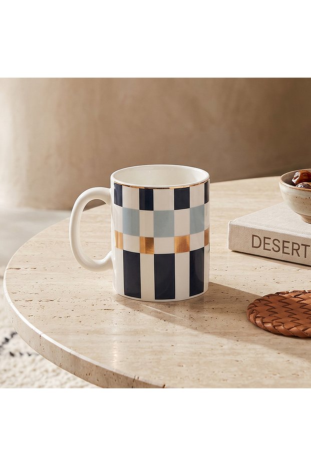 Checked Bone China Mug with Handle - 360 ml
